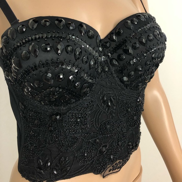Asos beaded lace black bra corset adjustable back stretch M - Picture 3 of 8